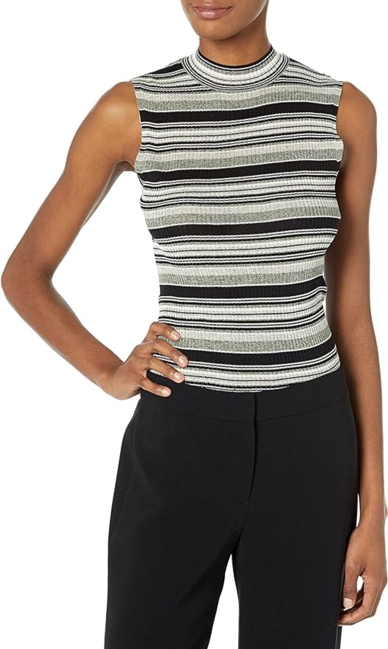 Theory Striped Mock Neck 100% Silk Ribbed Top in Denim Melange, Size Small
